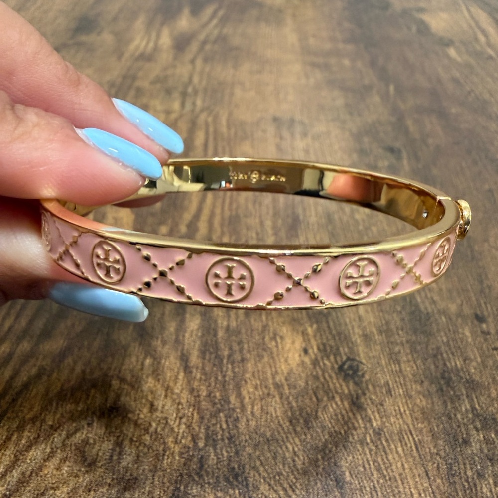 Tory Burch Pink Enamel Logo Bangle with Gold Trim